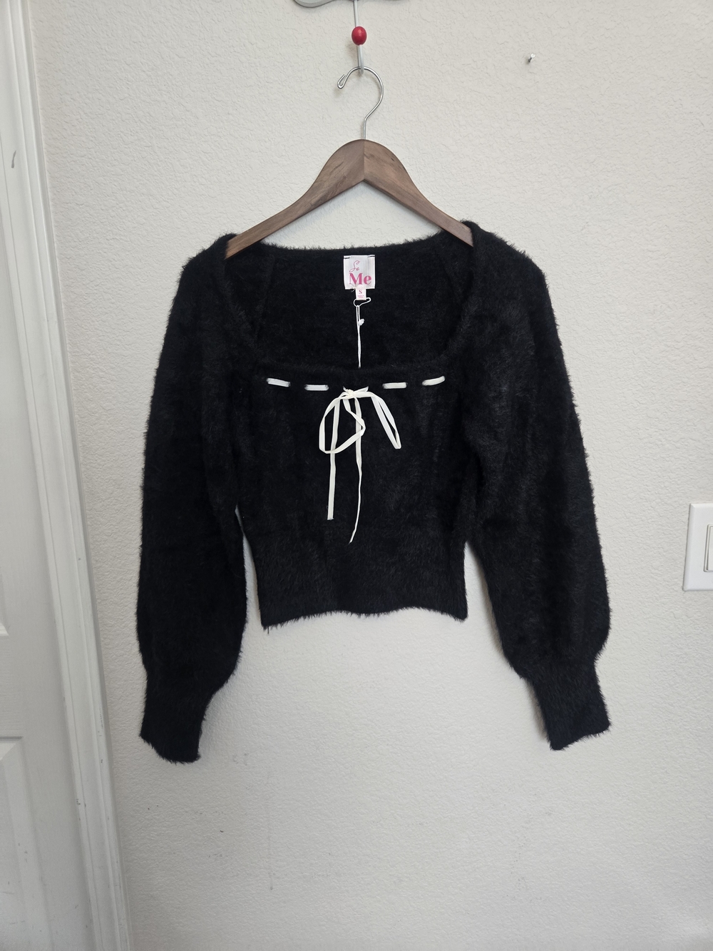 So Me  Black Fuzzy Sweater with White Tie
